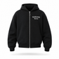 A black zip-up hoodie with a silver zipper and white text reading 'VILLEION STYLES New York' on the left chest, shown on a clean white background with a soft shadow underneath.