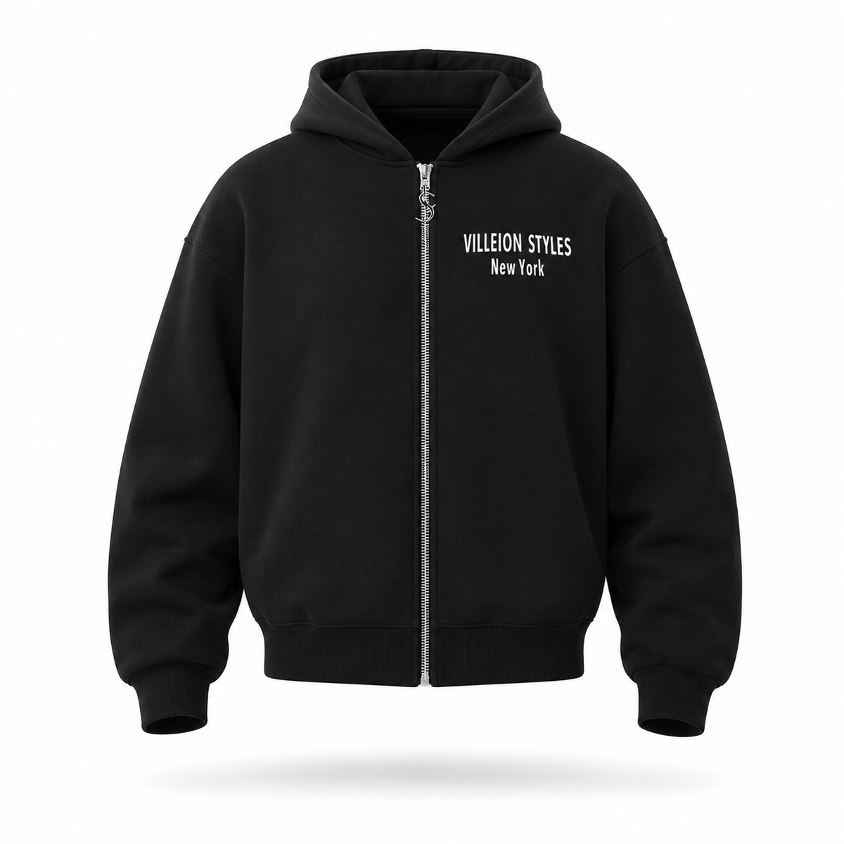 A black zip-up hoodie with a silver zipper and white text reading 'VILLEION STYLES New York' on the left chest, shown on a clean white background with a soft shadow underneath.