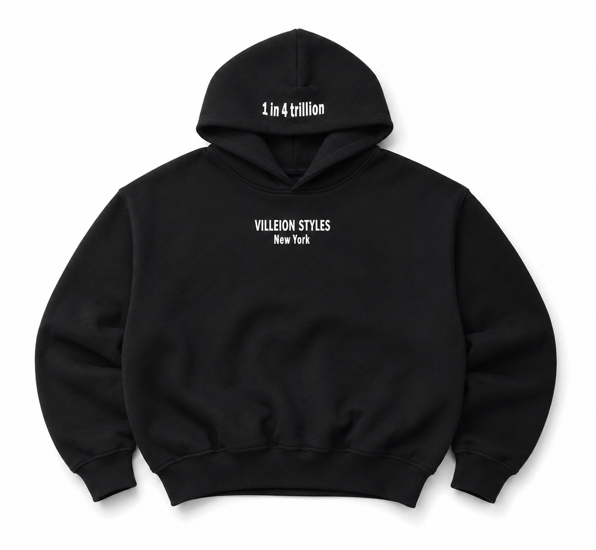 A black pullover hoodie with white printed text on the chest and inside the hood, displayed against a clean white background.