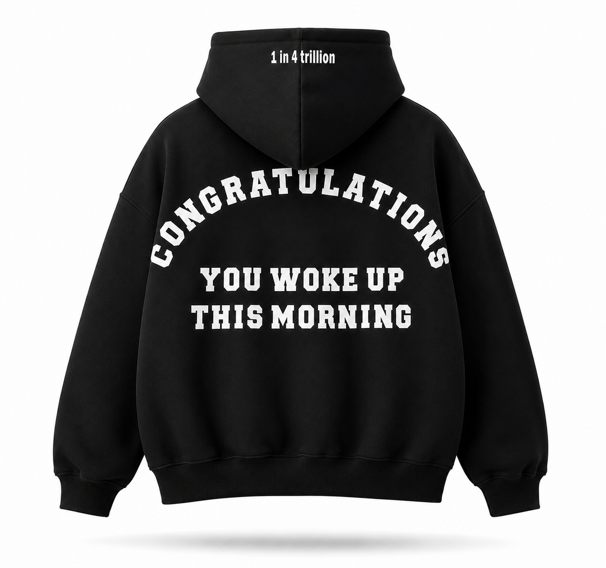 A black pullover hoodie shown from the back, featuring the phrase 'CONGRATULATIONS YOU WOKE UP THIS MORNING' printed in large white arched letters, with '1 in 4 trillion' printed in small white text inside the back collar.