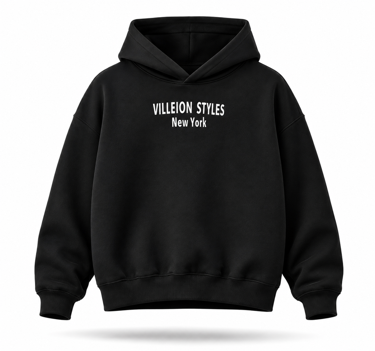 A black pullover hoodie with 'VILLEION STYLES New York' printed in white text on the chest, displayed on a clean white background with a soft shadow underneath.
